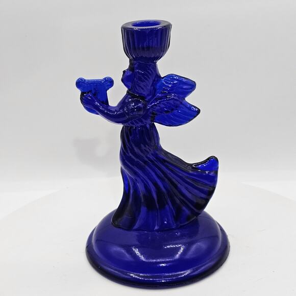 Vintage Cobalt Blue Glass Angel Candlestick Holders Musical Angel Harp Figurines - Picture 3 of 9